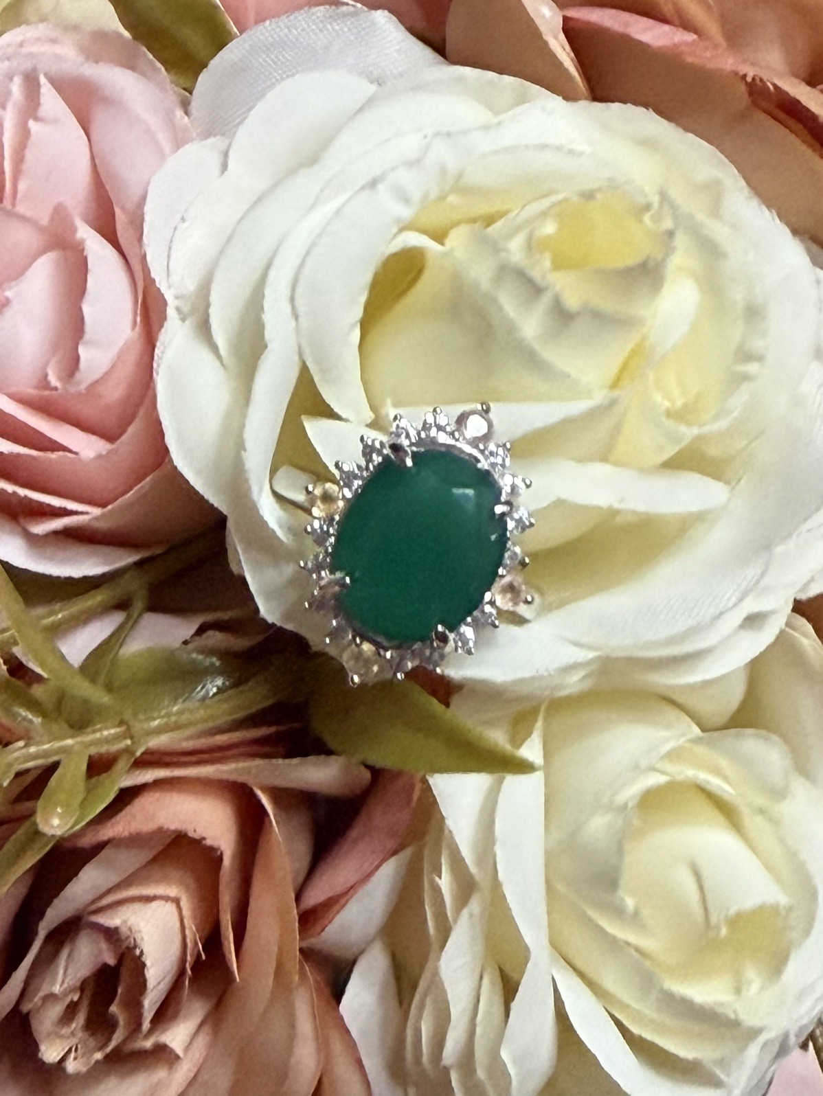 Stunning Natural Green Agate 4CT Sapphire & Zircon 925 Sterling Silver Ring Sz 6