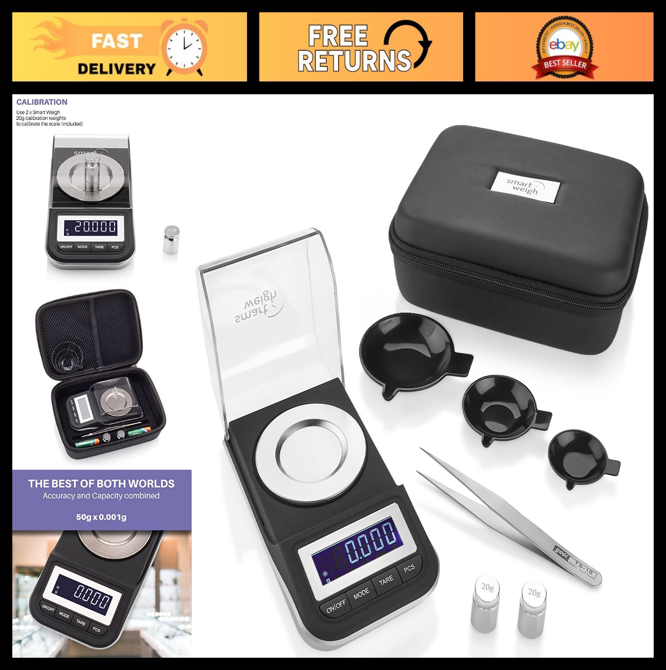 High Precision Digital Milligram Scale 50g x 0.001g, Tweezers, Calibration Weigh