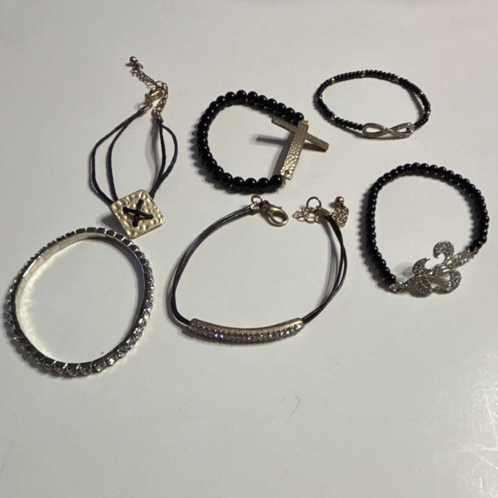 Stackable Bracelet Set Beaded Charm Bangle Cuff Black Silver Gold Metal Cord 7in