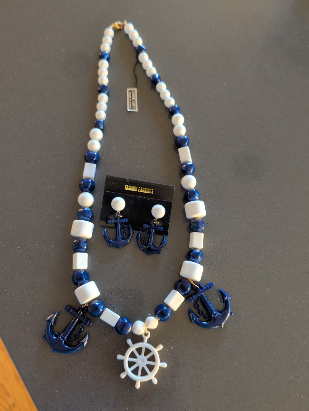 NOS Vintage GenuineLucite Necklace & Earrings Set Nautical Anchor Blue White S5