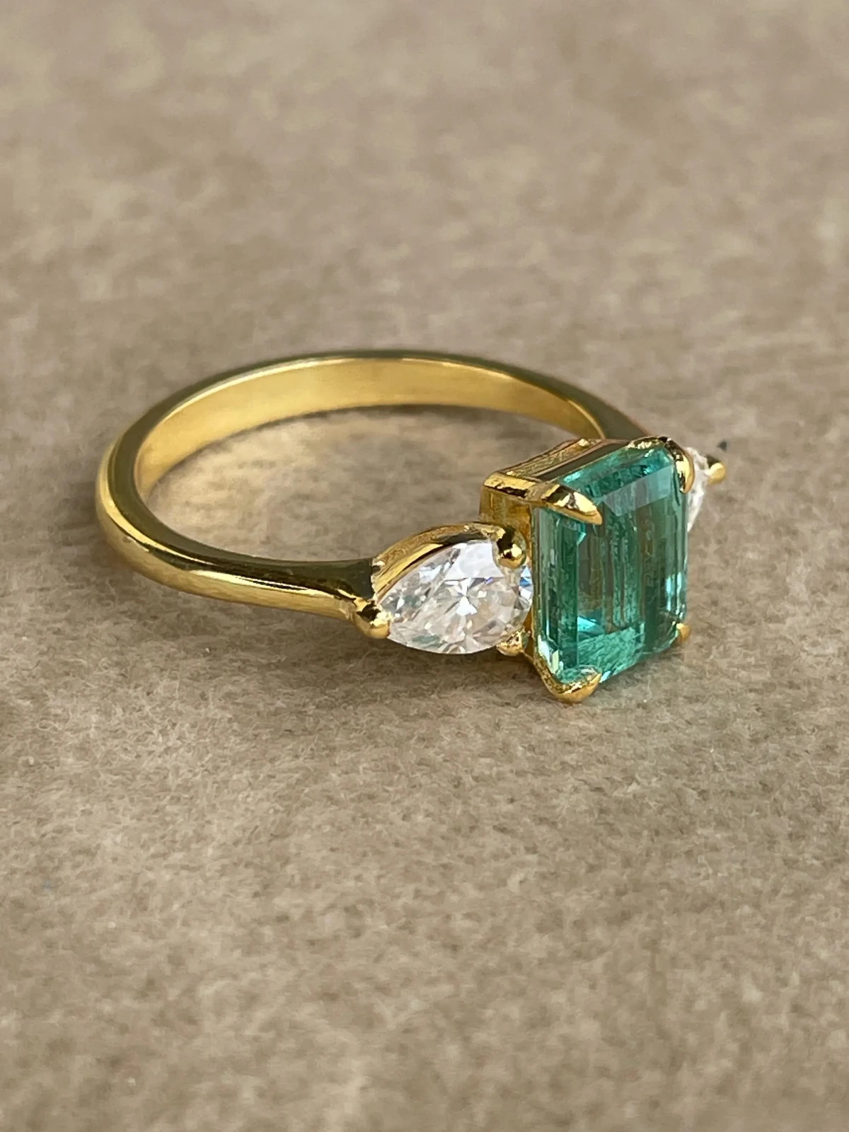 Natural Emerald Three Stone Ring Pear Moissanite 925 Silver Ring