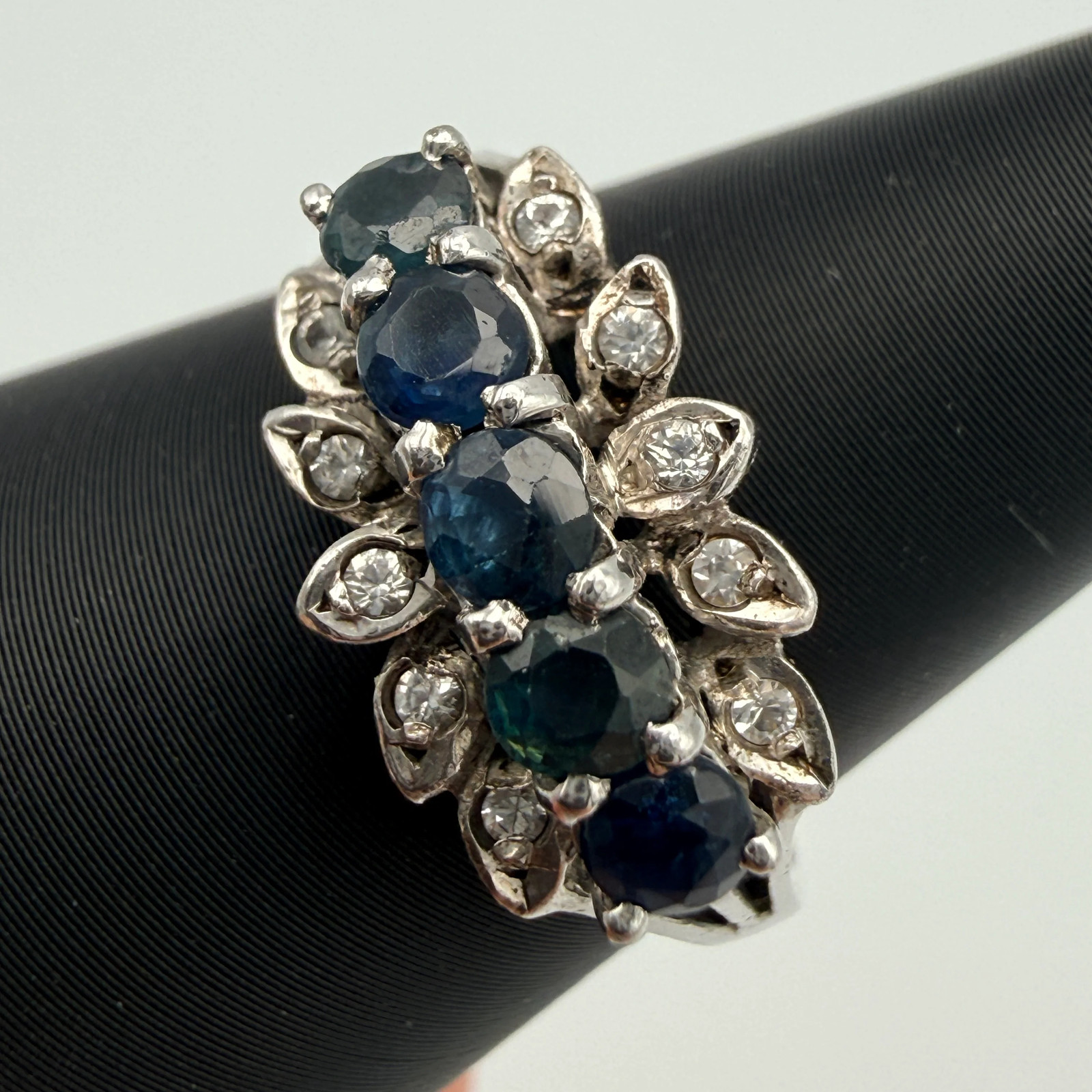 Silver Ring 925 Sterling Blue Green Stones Cubic Zirconia Ring Size 56 Vintage 1990