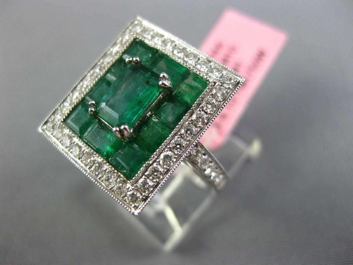 LARGE 3.24CT DIAMOND & AAA COLOMBIAN EMERALD 18K WHITE GOLD FILIGREE SQUARE RING