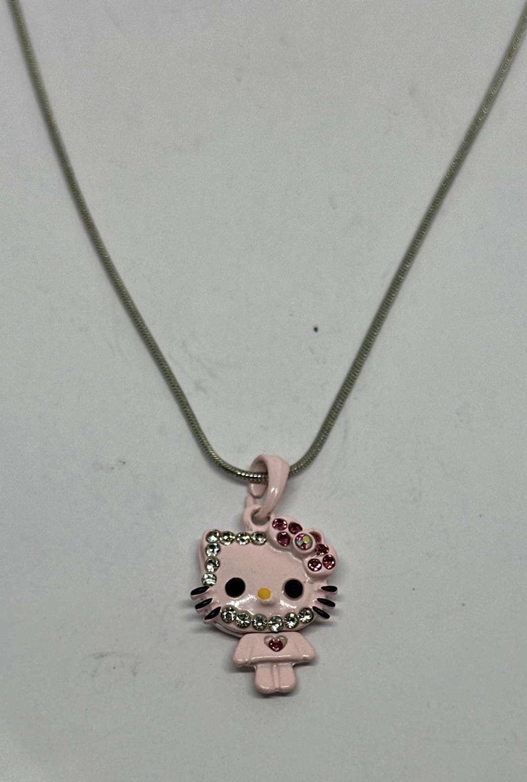 Hello Kitty Rhinestone Pink Charm Silver Tone Chain 16″ Pendant Necklace