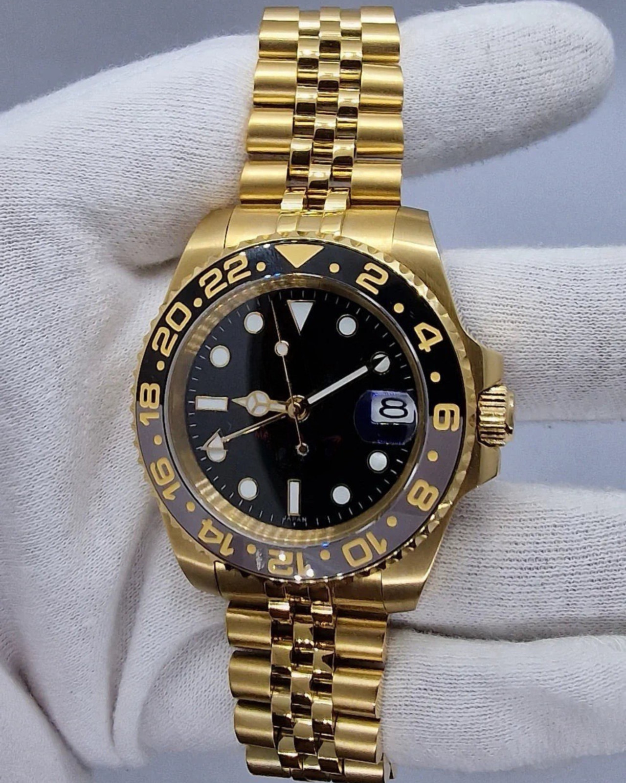 PrimeCrown Gold GMT Watch | Black 24h Bezel | Authentic Seiko NH34 Movement