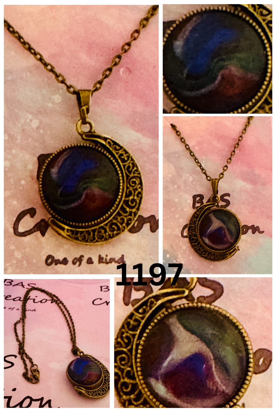 Crescent Moon Rotating Cabochon Pendant One of a kind painted by a local Artist