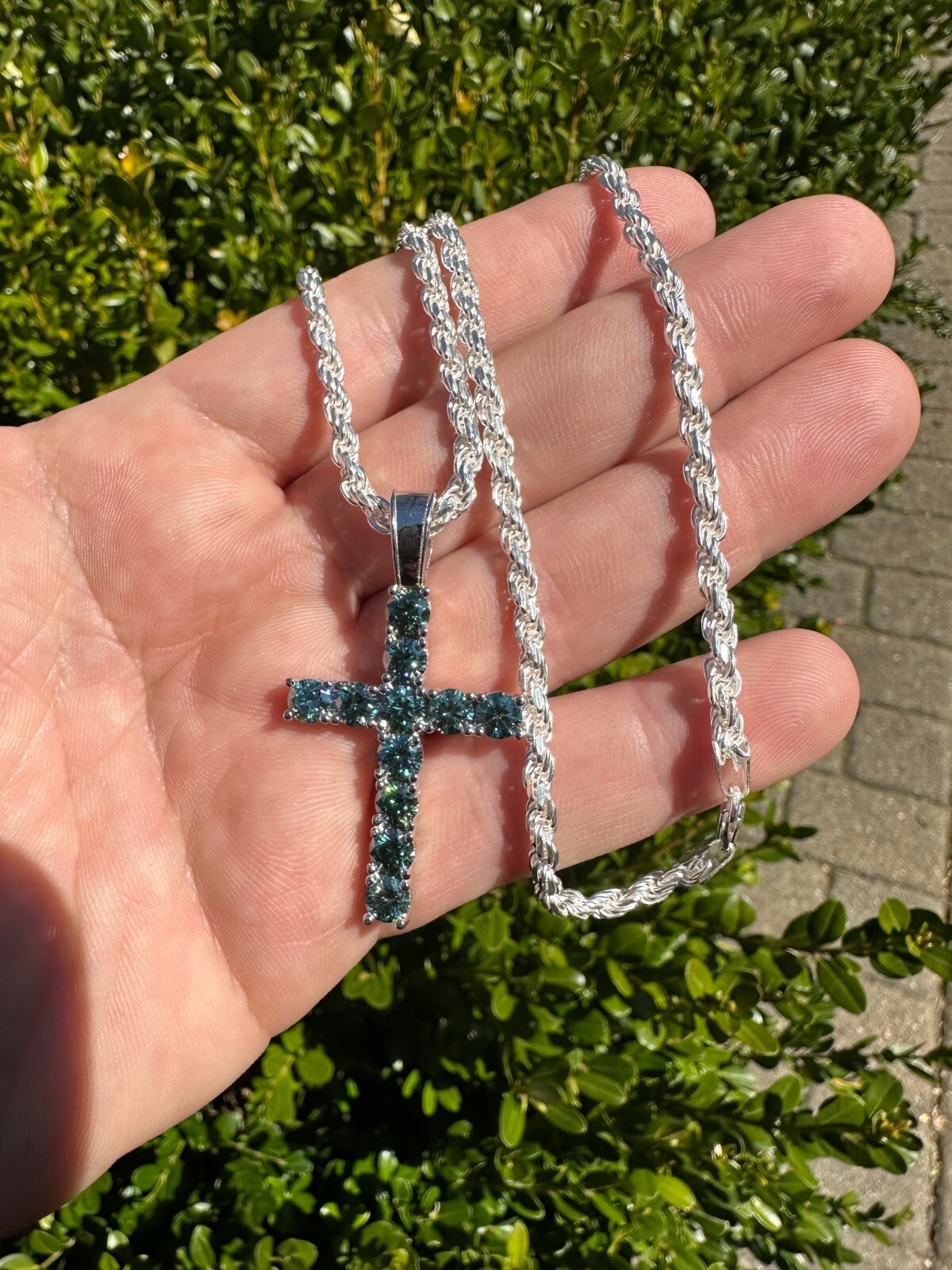 Green Blue MOISSANITE Real 925 Silver Tennis Cross Iced Pendant Necklace Hip Hop