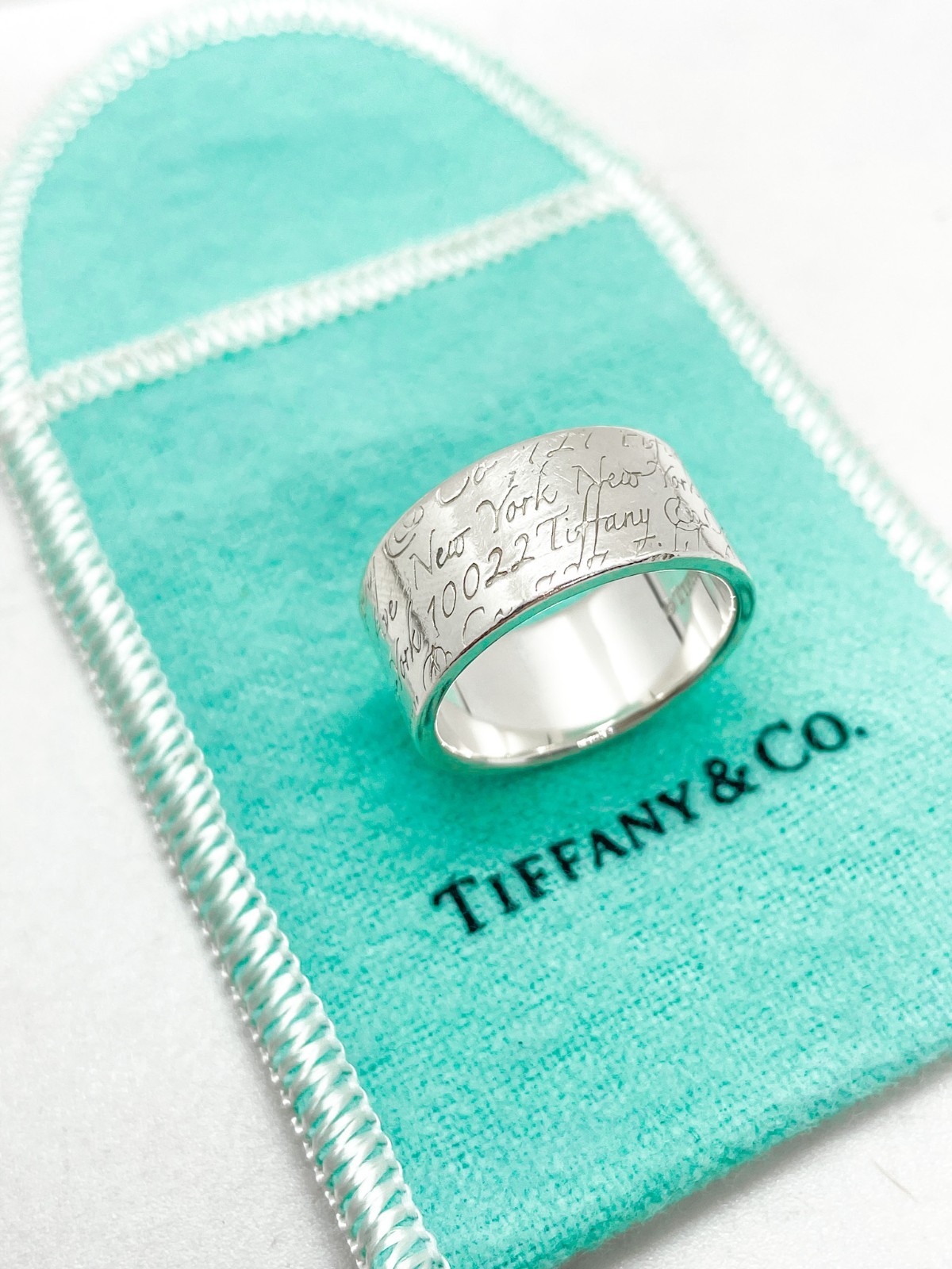 Tiffany & Co. Notes Script Fifth Avenue New York Wide Band Ring Silver Size 8.75