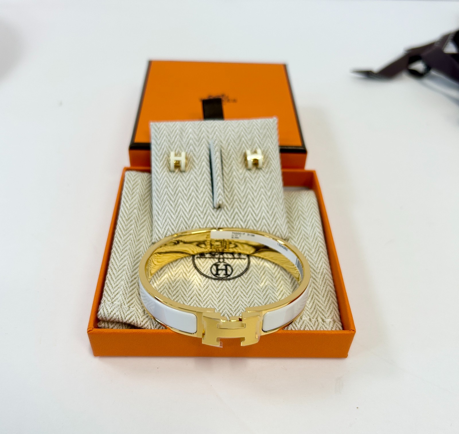 Hermès Mini Pop H Earrings & Clic H Bracelet Blanc White Gold Plated Set NEW