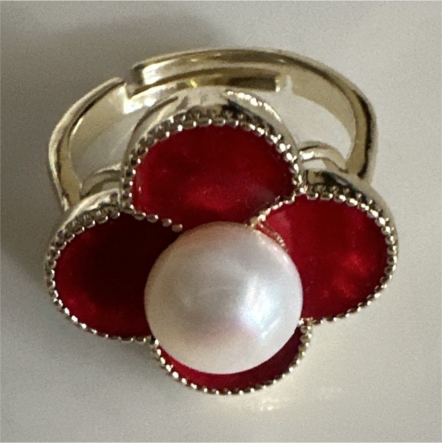 Red Flower Cocktail Ring with 8mm Round White Pearl Center In Gold Tone Setting