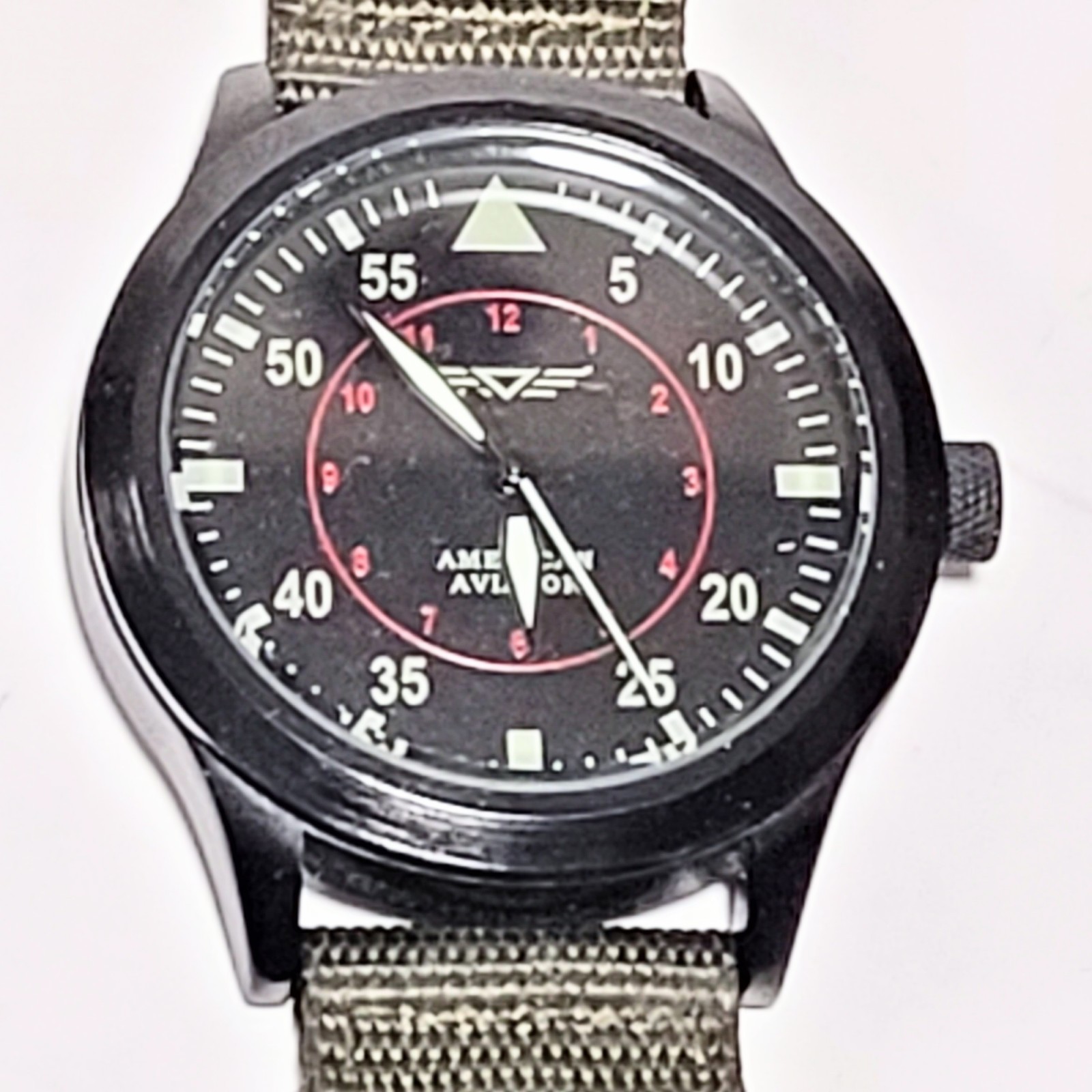 American Aviator 1945 Black Tone Quartz Wristwatch Field Watch Olive Green Band