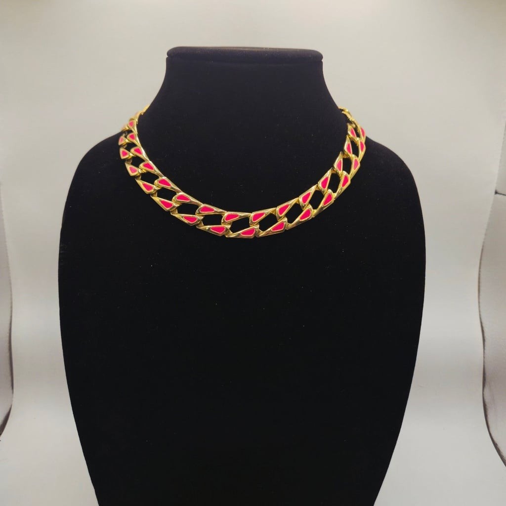 Vintage Gold Tone and Pink/Red Enamel Chunky Chain Link Choker Necklace