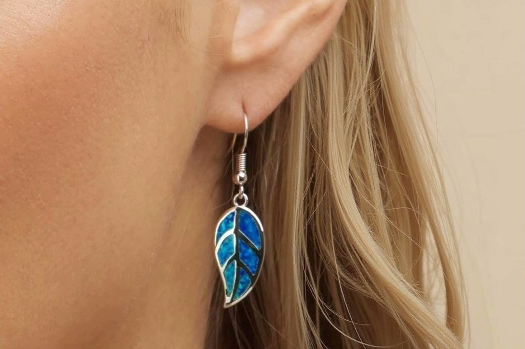 Opal Leaf Earrings Blue Fire Opal Earrings with Leaf Opal Pendant Stainless Steel