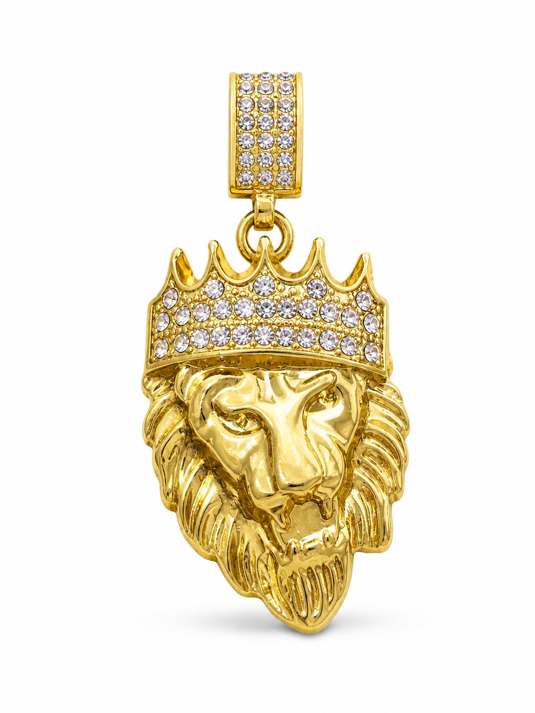 Iced 14K Gold Tone Lion Head Crown Pendant Leo Zodiac Hip Hop Jewelry Unisex
