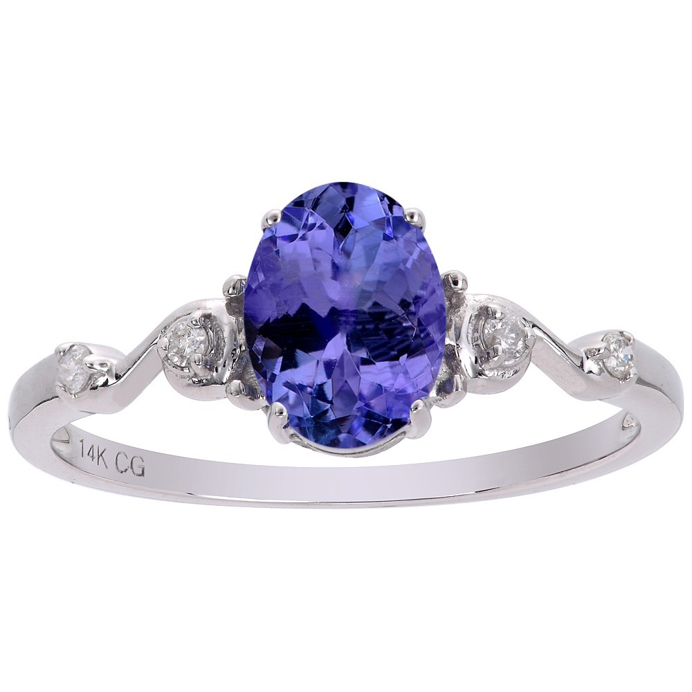14k Solid White Gold Oval Natural Tanzanite & Diamond Swirl Shank Ring