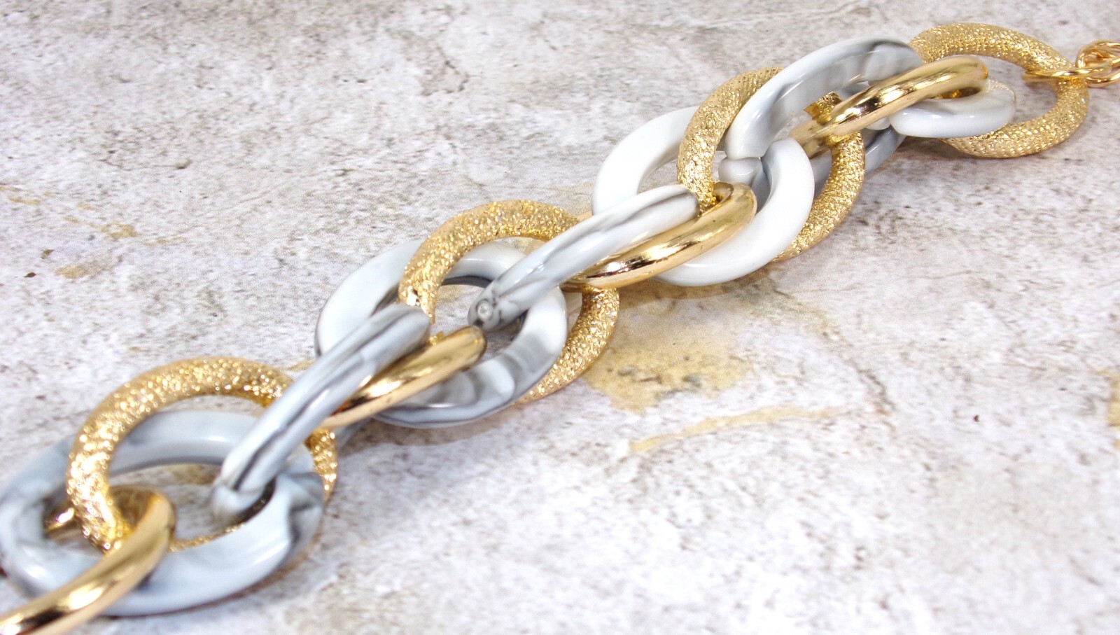 White and gold link bracelet, textured links, shiny white links, 7.5 inches New