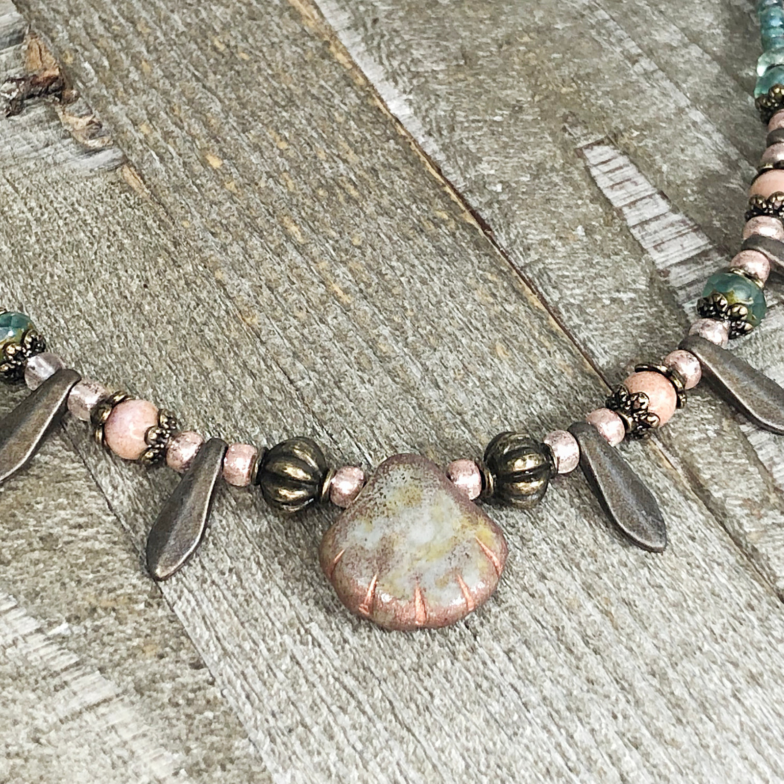 Rustic Czech Glass Picasso Sea Shell Choker with Bronze Daggers