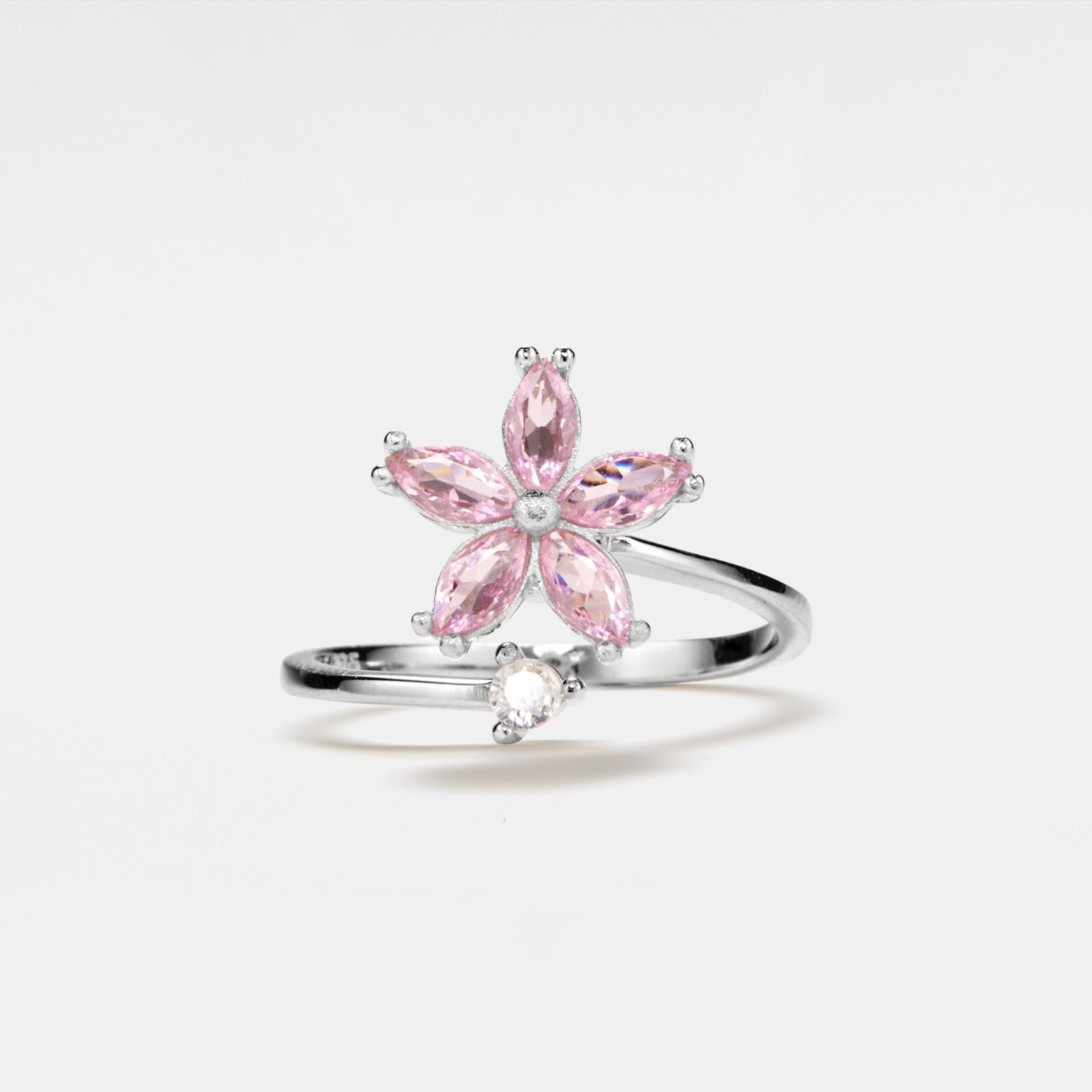 Pink Flower Fidget Spinner Ring in 925 Sterling Silver