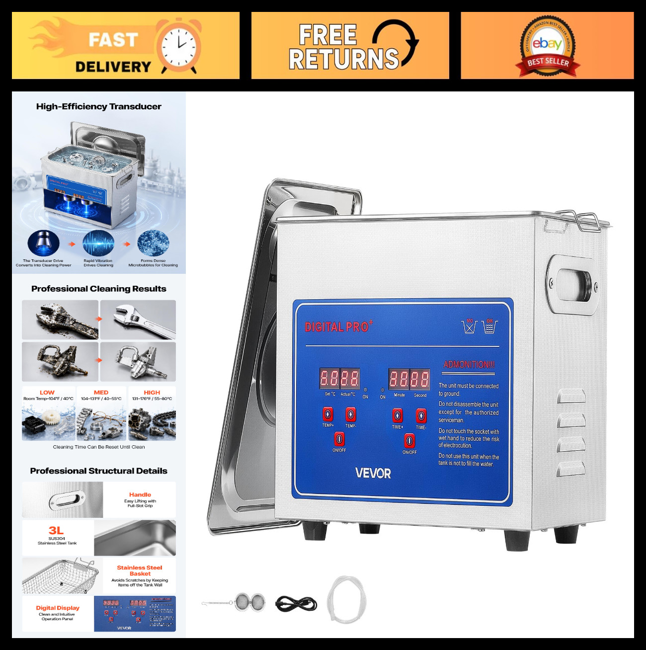 3L Ultrasonic Cleaner with Digital Timer & Temp Control, 40kHz Stainless Steel,
