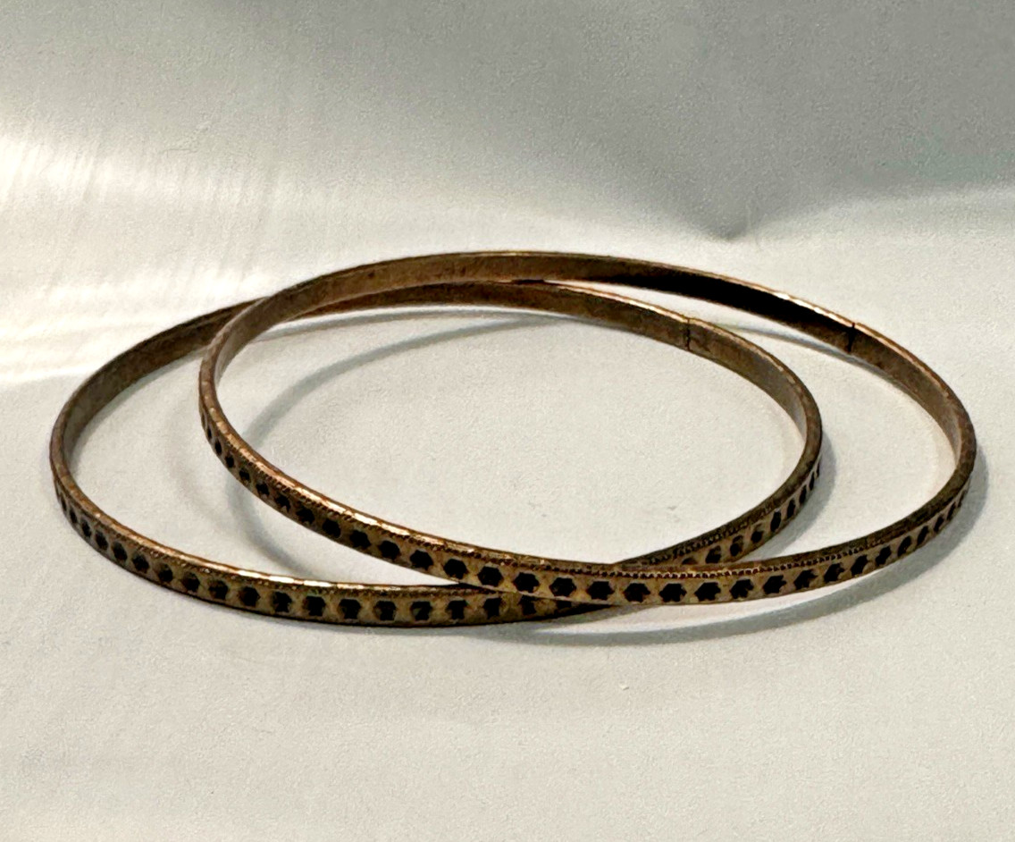 Vintage Copper Tone Bangle Bracelets Set of 2 Geometric Hexagon Etched 8.25 in.