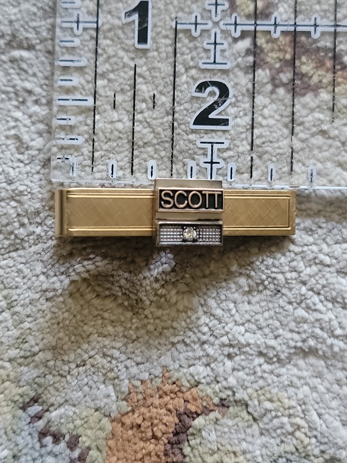 1.5″ Scott Neck Tie Bar 1/20 12K Gold Filled 10K Emblem & Diamond Front Plate