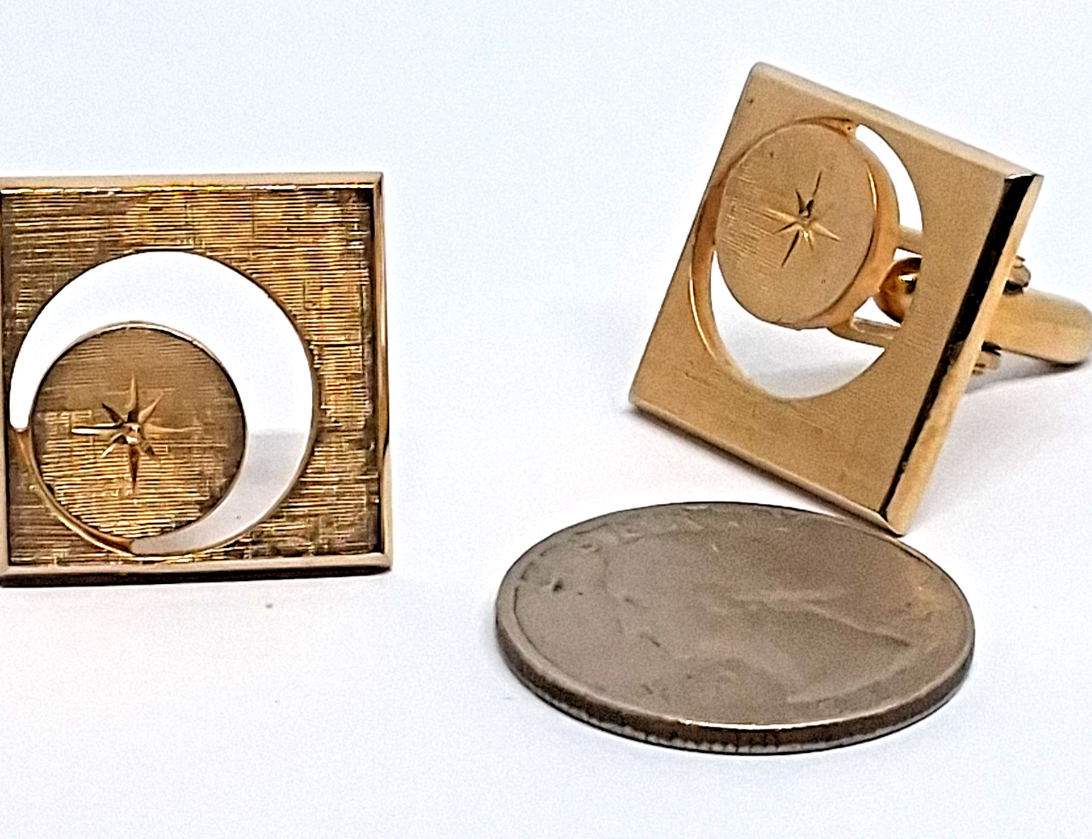 Vintage Swank Gold Tone Square with Crescent Outline and Star Center Cufflinks
