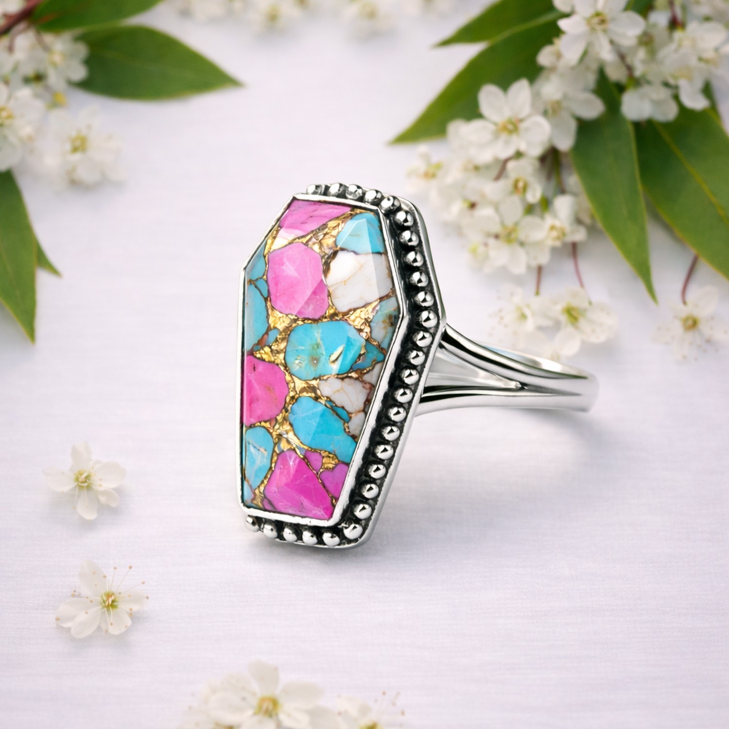 Cotton Candy Turquoise Gemstone Ring Silver Boho Handmade Women’s Ring MR001