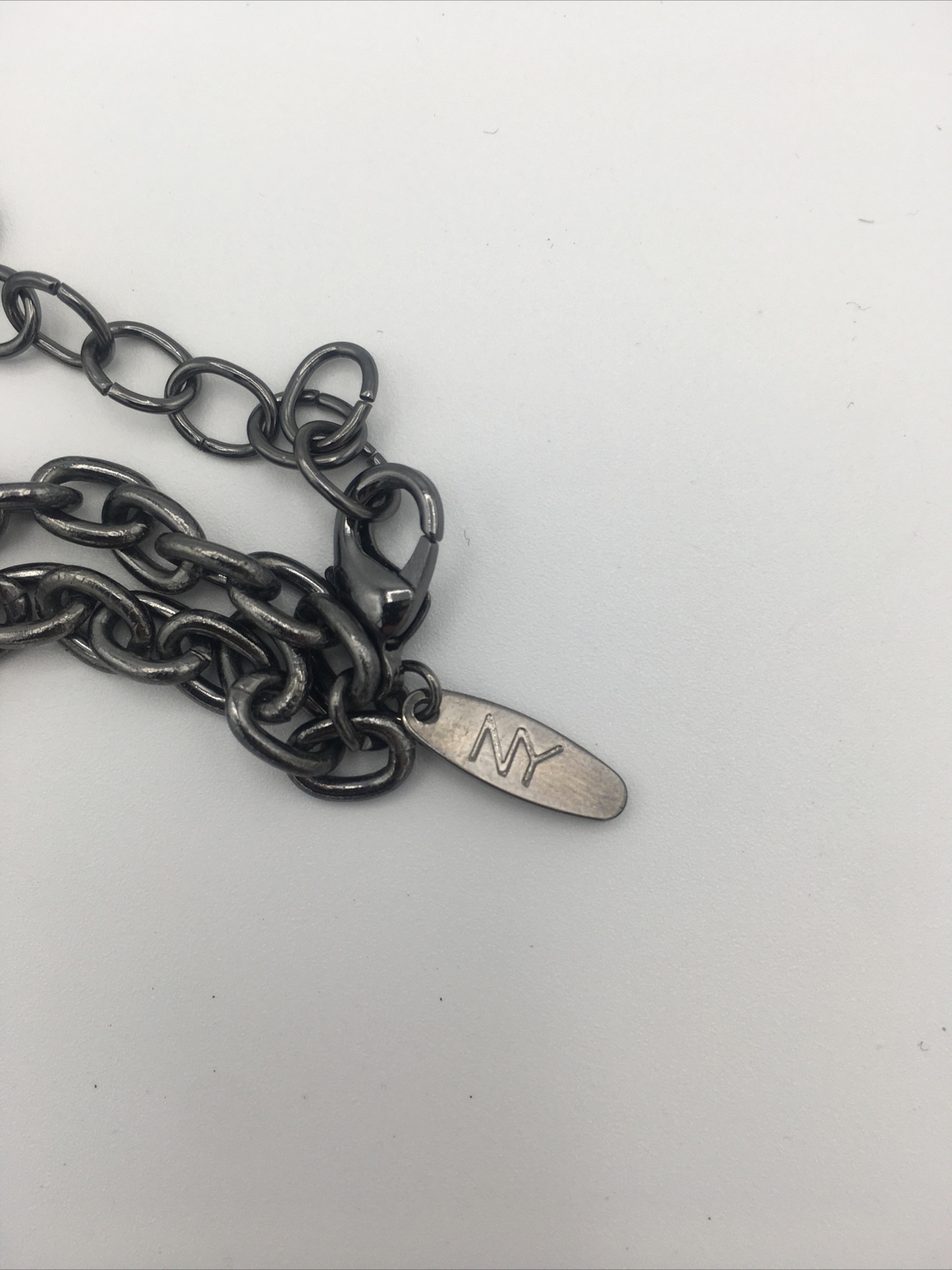 NY Gunmetal Necklace Shiny Charcoal Gray Chain Link Oval Pendants Costume
