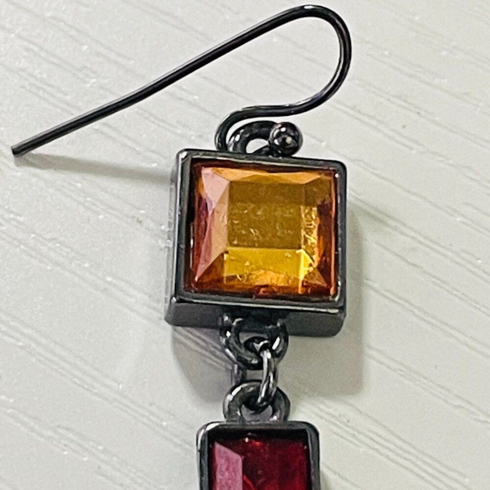 Red & Amber Geometric Dangle Earrings – Gunmetal Tone