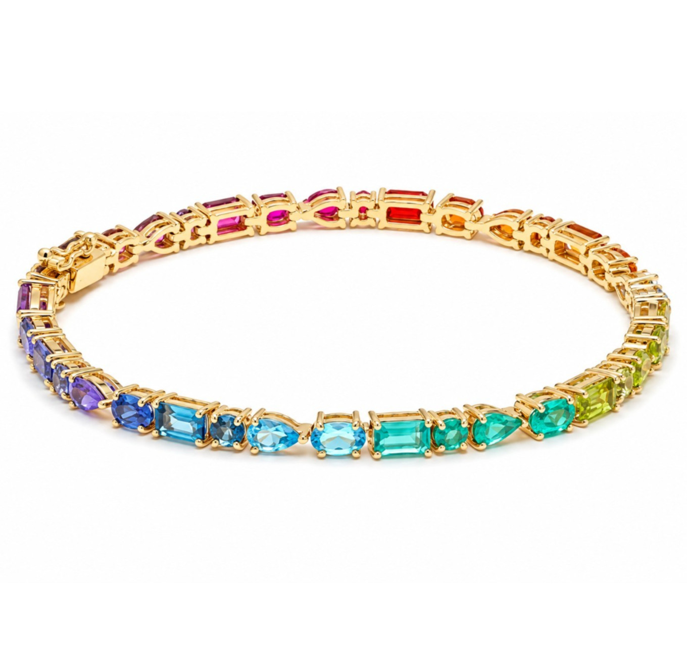 Multi Shape Rainbow Gemstone Tennis Bracelet In 14K Yellow Gold Handmade Jewelry