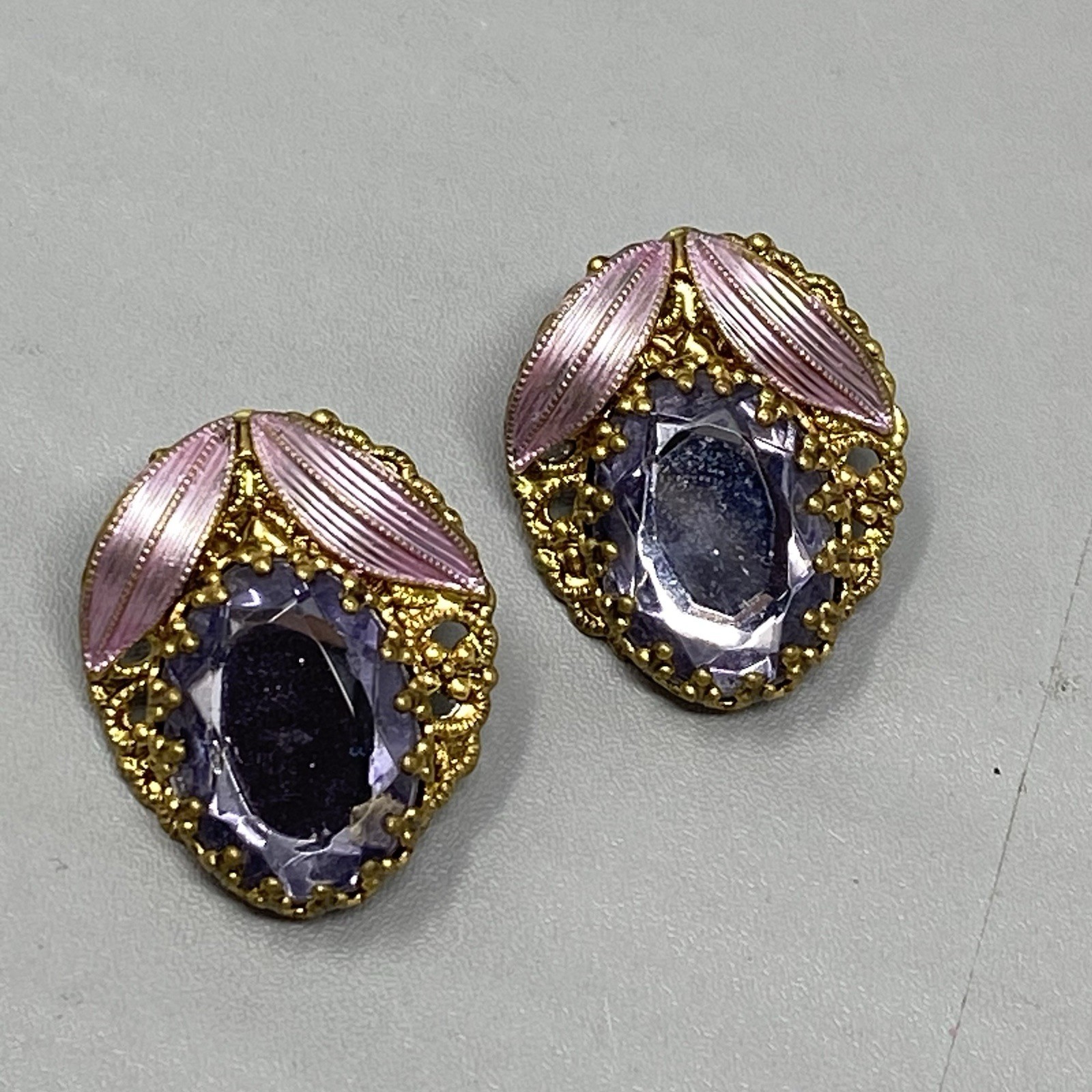 Purple Glass Rhinestone Earrings Pierced Enamel Silk Ribbon W Germany Style 1″
