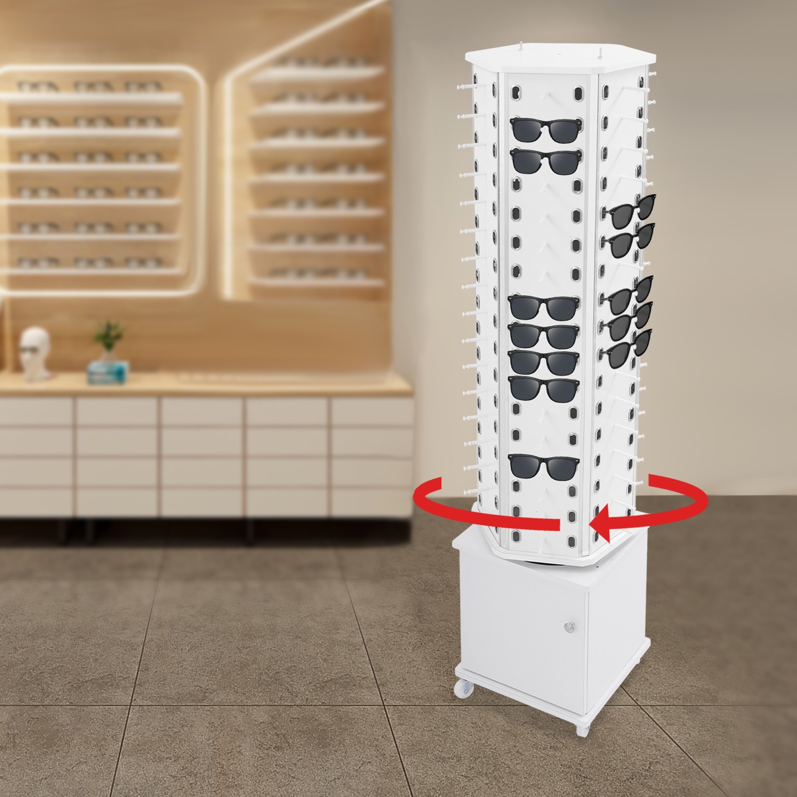 360° Rotating Eyeglass Display Rack 102 Pairs Storage Rack With Wheels For Store
