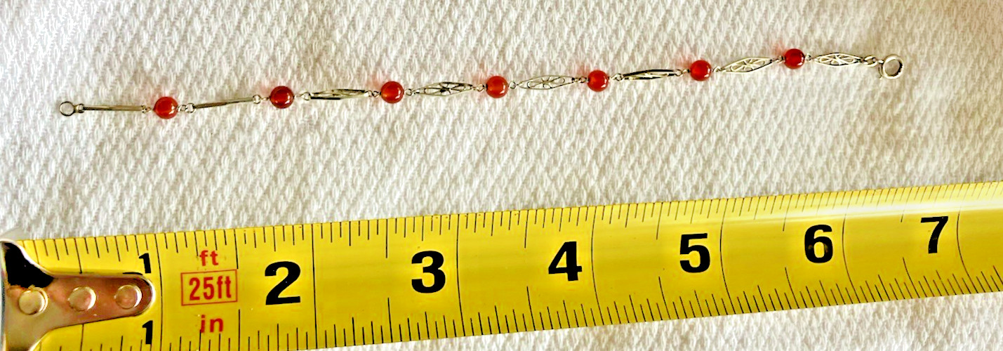 Dainty 10K White Gold Spessartine Garnet Bead Filigree Link Bracelet Vintage