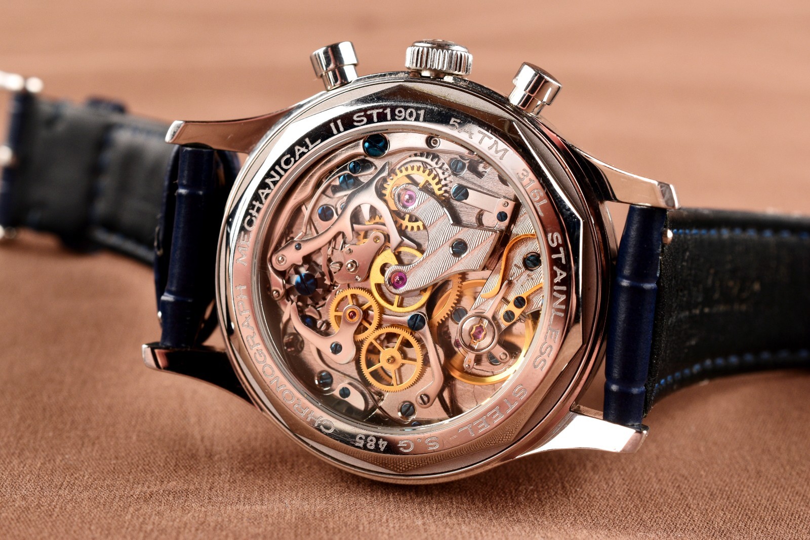 *Sugess Chronograph Mechanical II ST1901 Stainless Steel, Navy Leather Bracelet