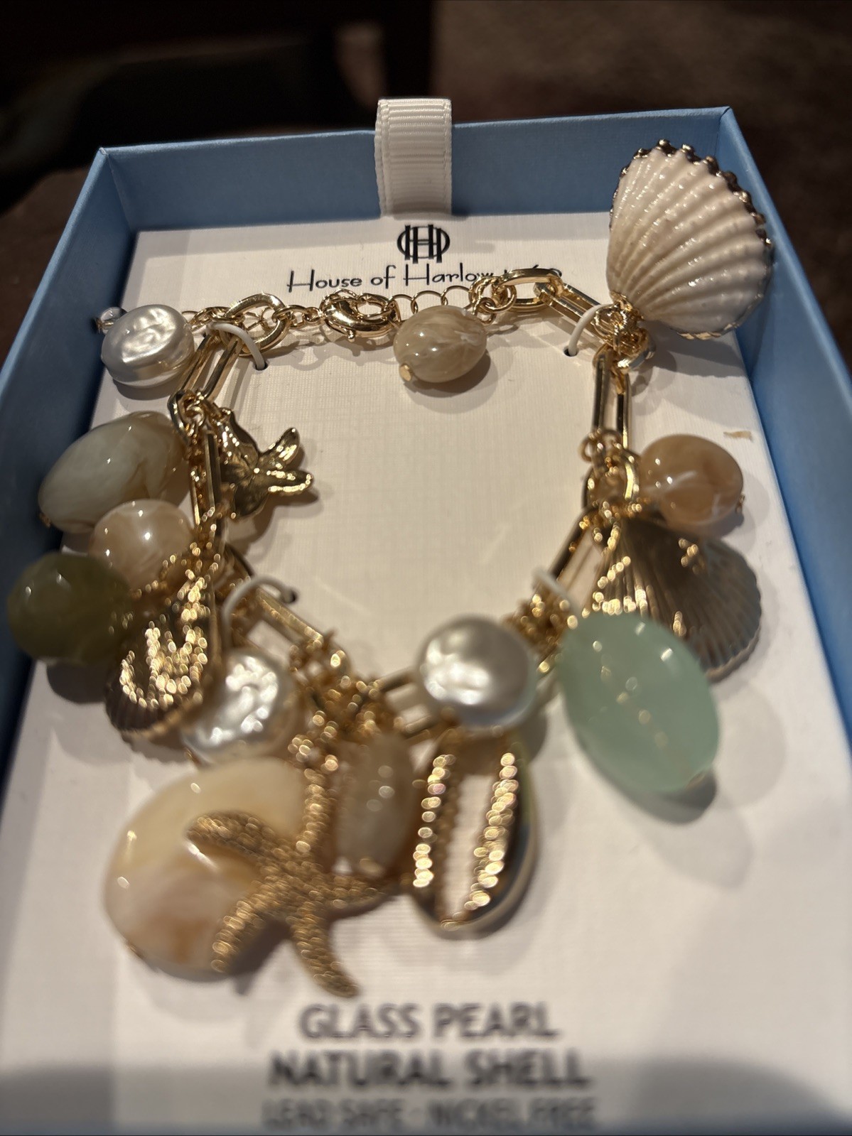 House of Harlow Glass Pearl and Natural Shell Beach Charm Bracelet NWT