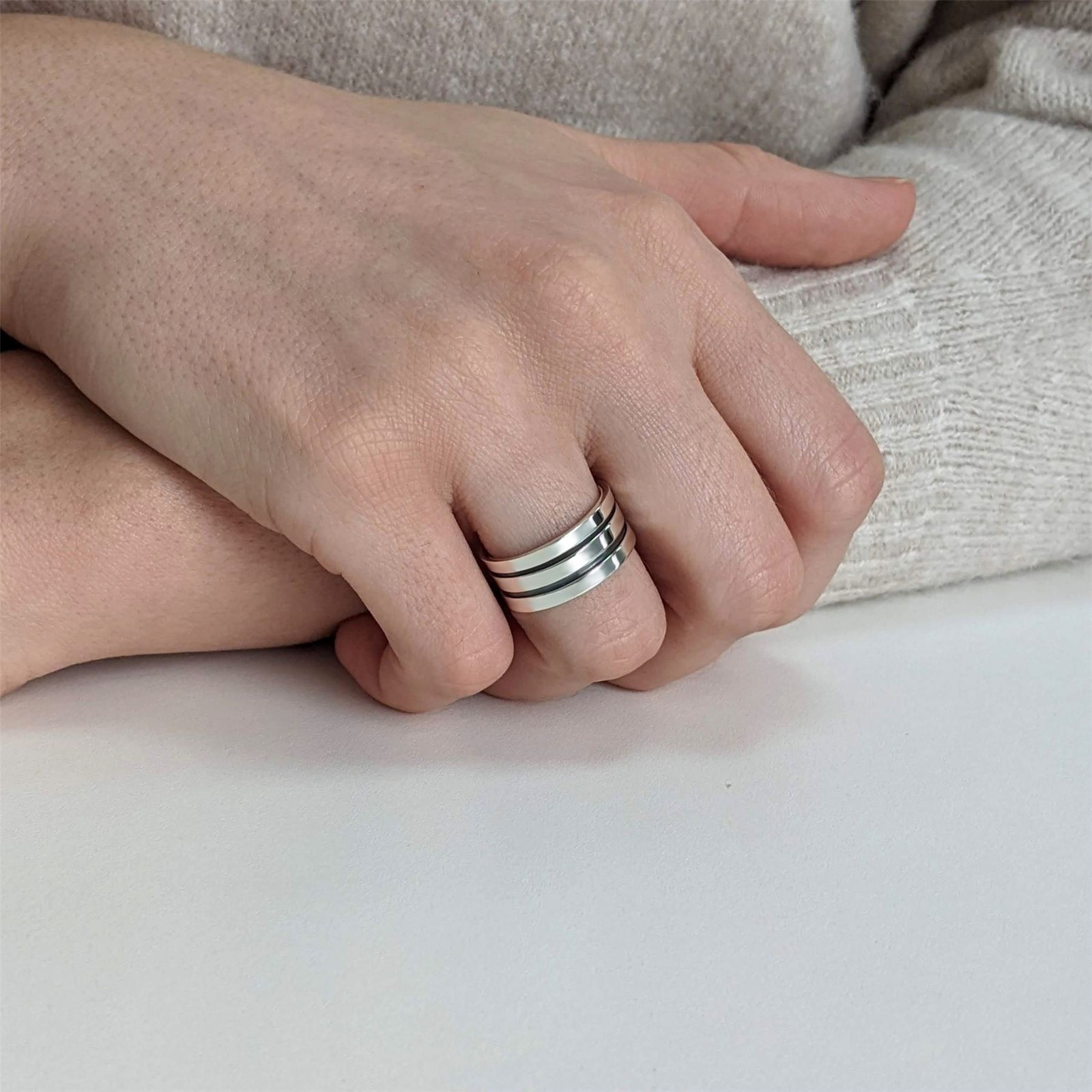 Silverly Sterling Silver Ring Flat Court Band Classic Double Groove Black Line