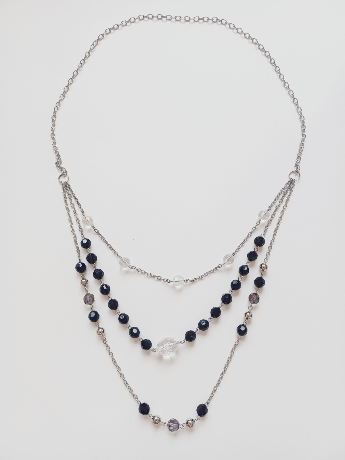 Black & Clear Faceted Station Bead Triple Layer Necklace