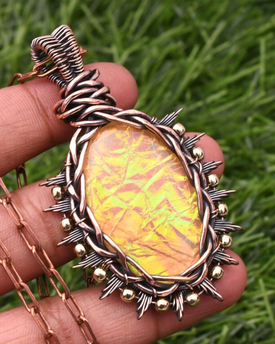 Triplet Fire Opal Gemstone Copper Wire Wrap Handmade Jewelry Pendant 2.28″