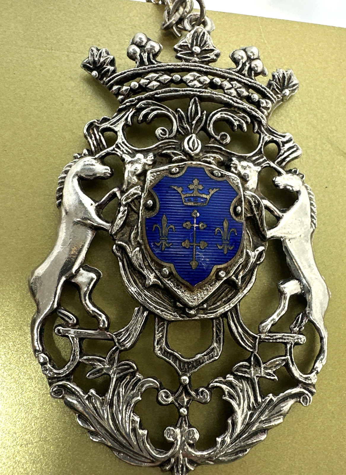 Vintage Heraldic Coat of Arms Pendant Necklace Blue Shield Lions Crown Gothic