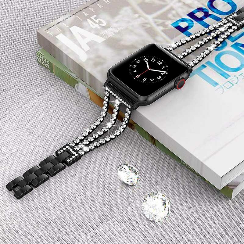 For Apple Watch Ultra 9 8 7 6 5 4 SE Bling Rhinestones Steel Band Bracelet Strap