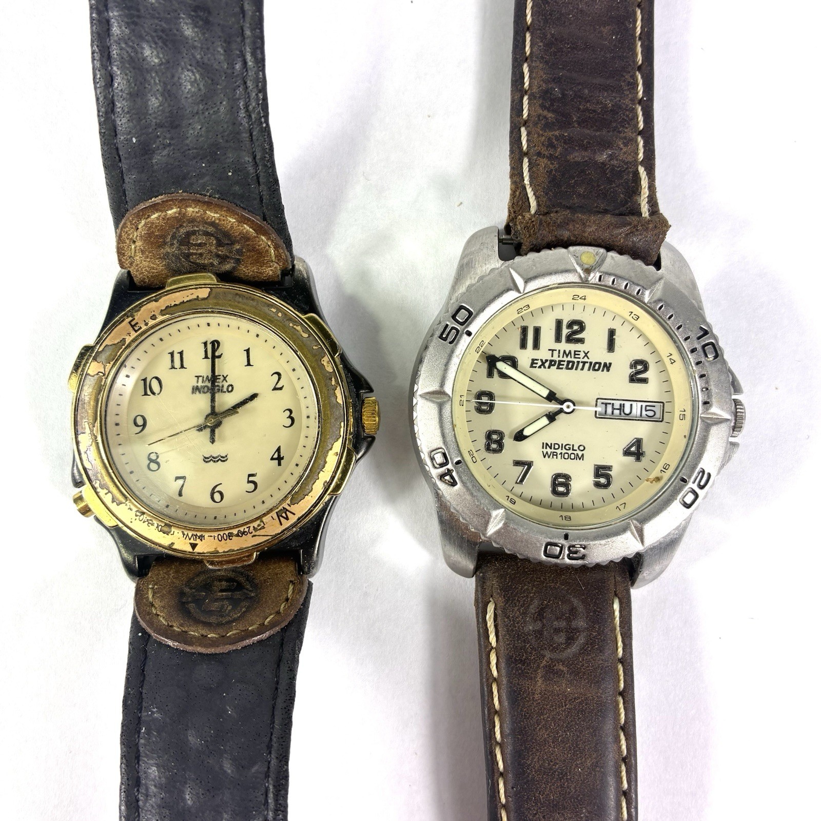 2 Timex Watches Indiglo Expedition WR 100M & Compass Bezel Gold Tone w/ Leather