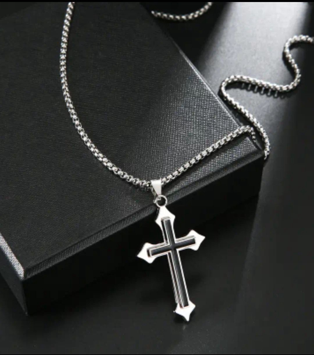 Men’s Stainless Steel Cross Pendant Necklace Silver Rope Chain 23.62in