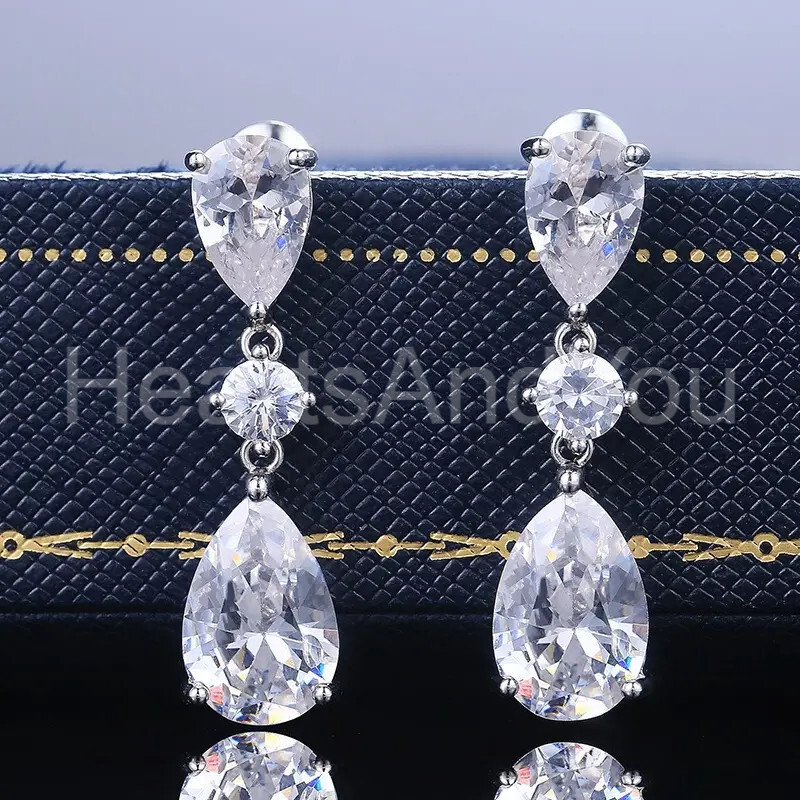 3ct Pear Cut Moissanite Three Stone Drop Dangle Earrings 14K White Gold Plated