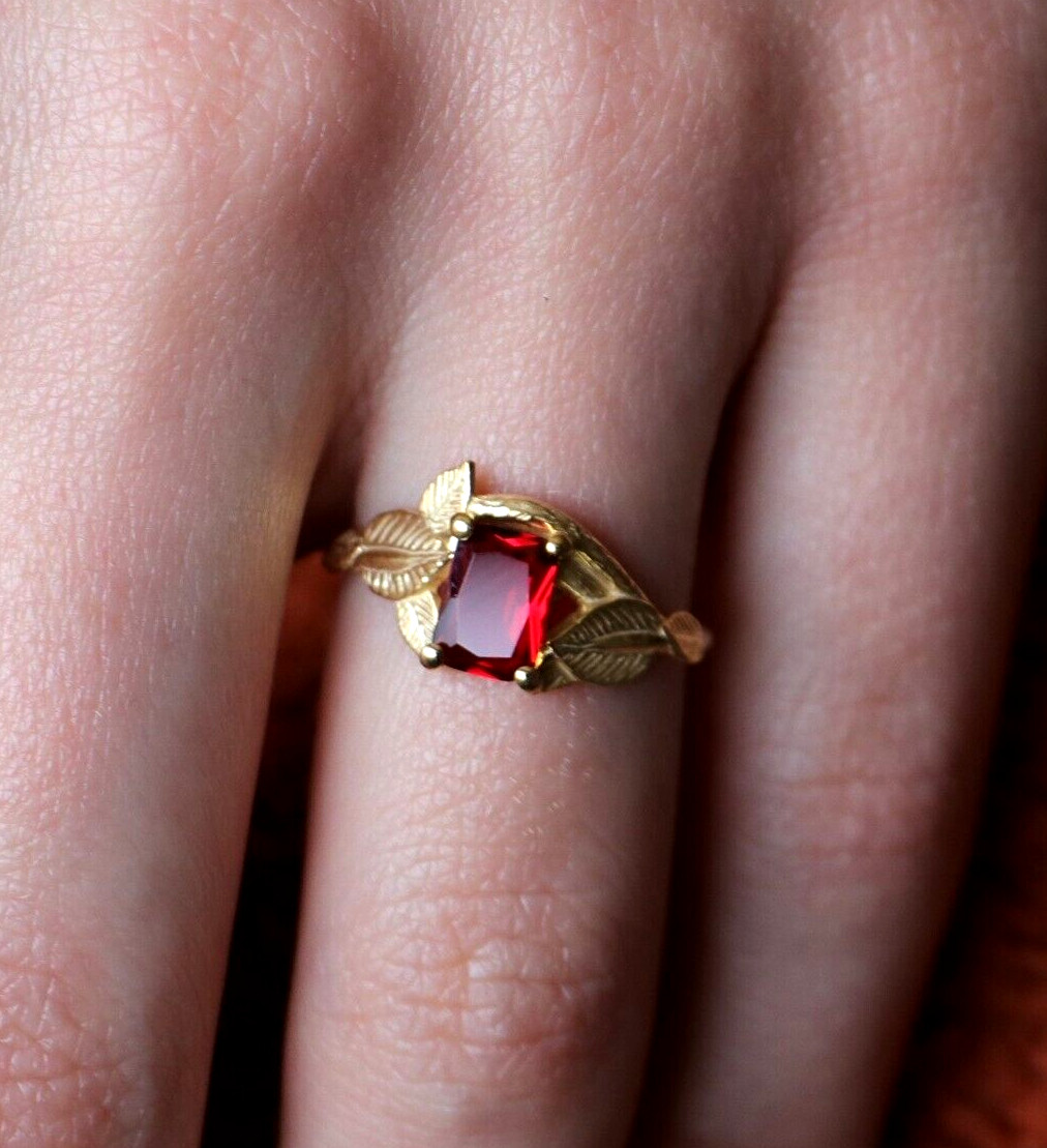 Lovely Emerald Cut Red Ruby Simulated Diamond Leaf Proposal Ring 10k Yellow Gold