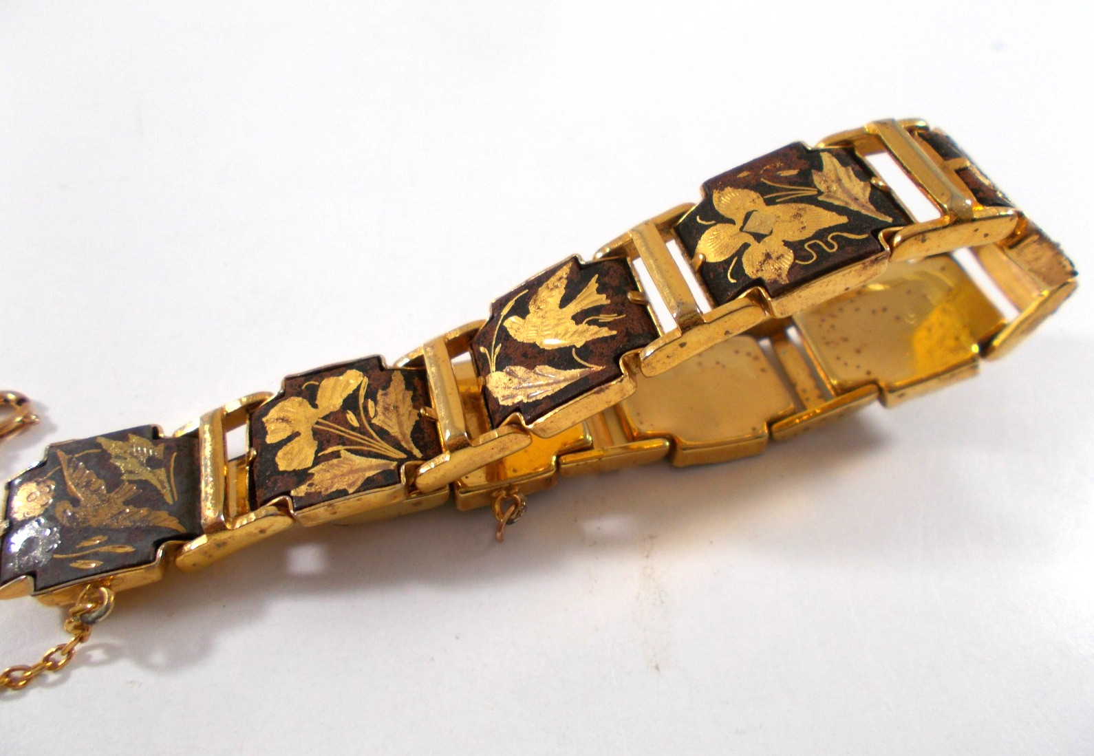 Damascene Style Panel Bracelet Bird Butterfly Flower Design with Safety Chain