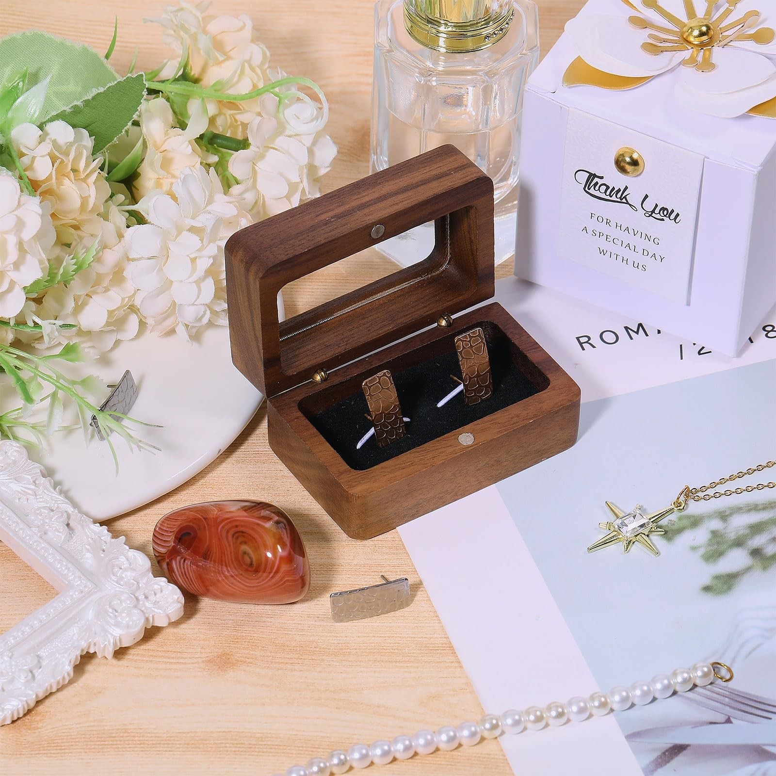 CHGCRAFT Walnut Wooden Cufflink Box with Window Square Small Cuff Links Displ…