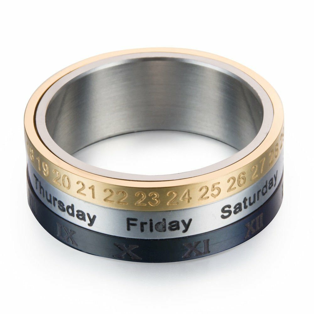 MENDEL Black Gold Plated Stainless Steel Rotatable Calendar Time Ring Size 7-11