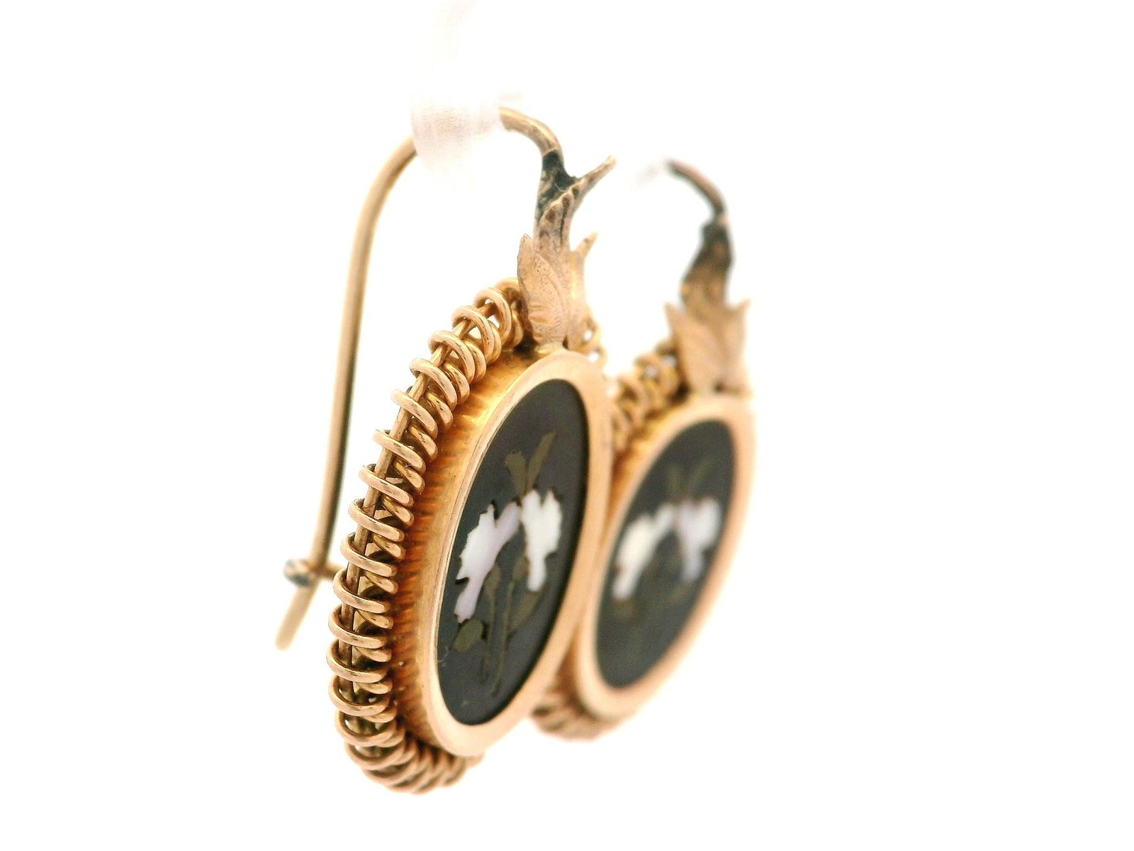 Vintage Yellow Gold Pietra Dura Hard Stone Floral Drop Dangle Earrings