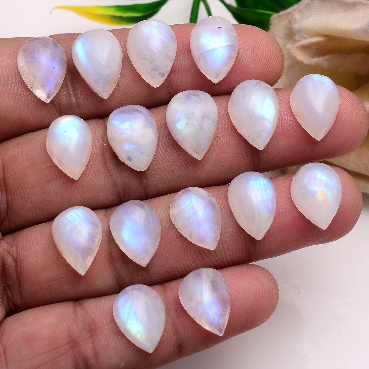Set 16 Pcs Natural Moonstone Blue Shine 13.25mm-14.50mm Pear Cabochon Gemstones