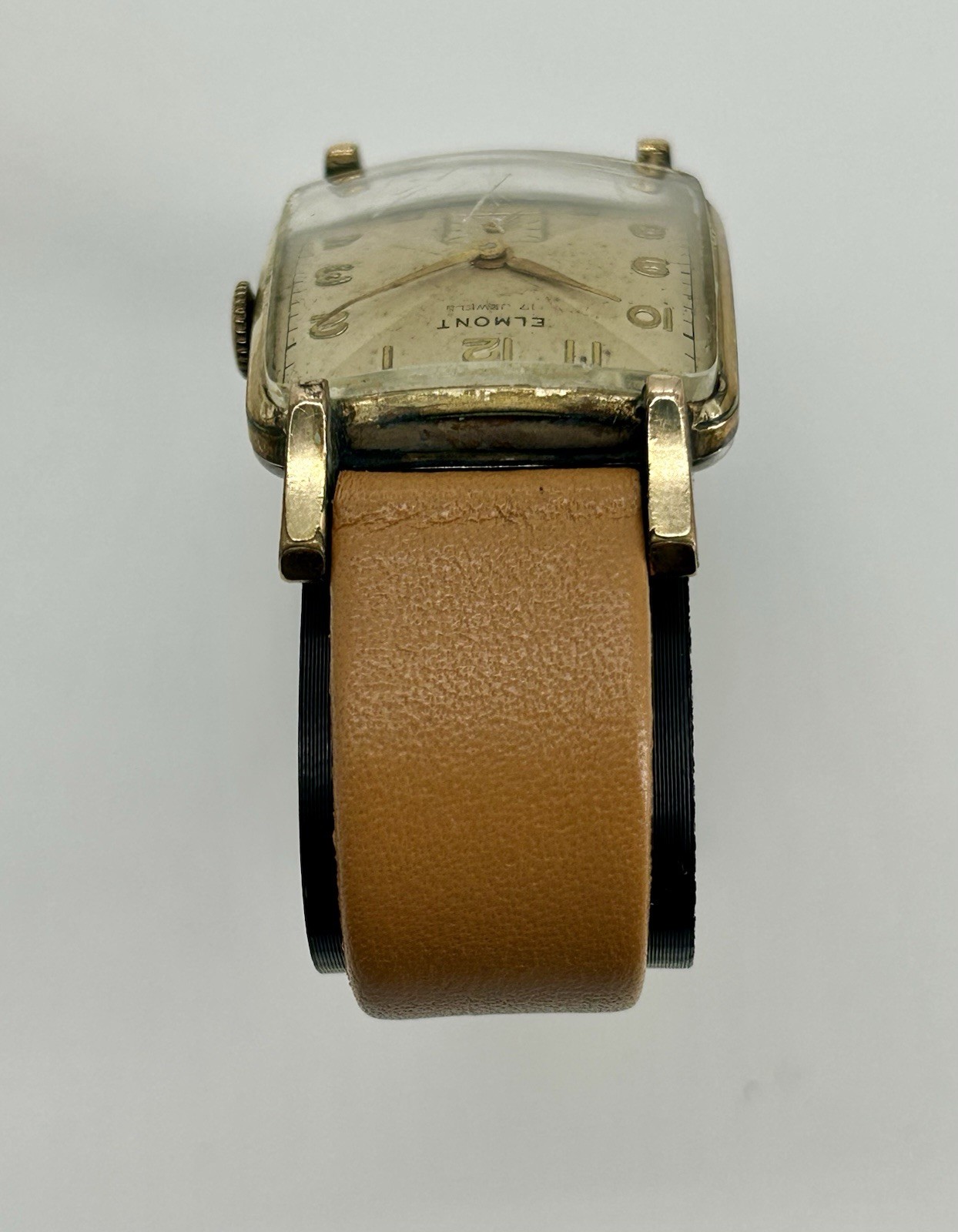 Elmont Swiss Made 17J Manual Wind Square Gold Tone Small Sec Brown Leather